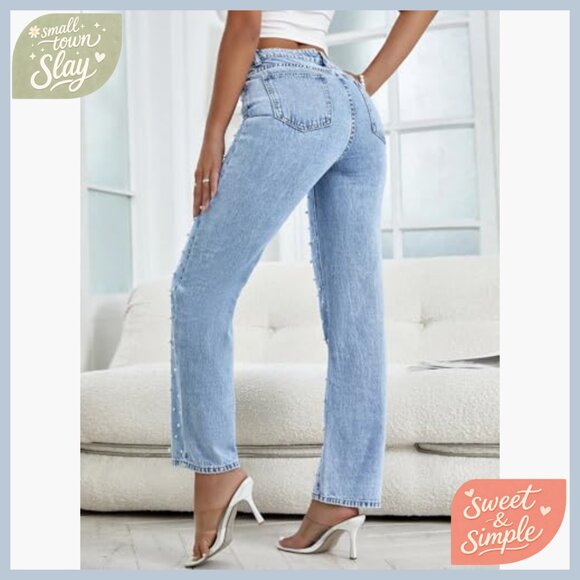High Waisted Wide Leg Jeans Pearls Beaded Casual Denim Pants Regular Fit - Picture 2 of 7